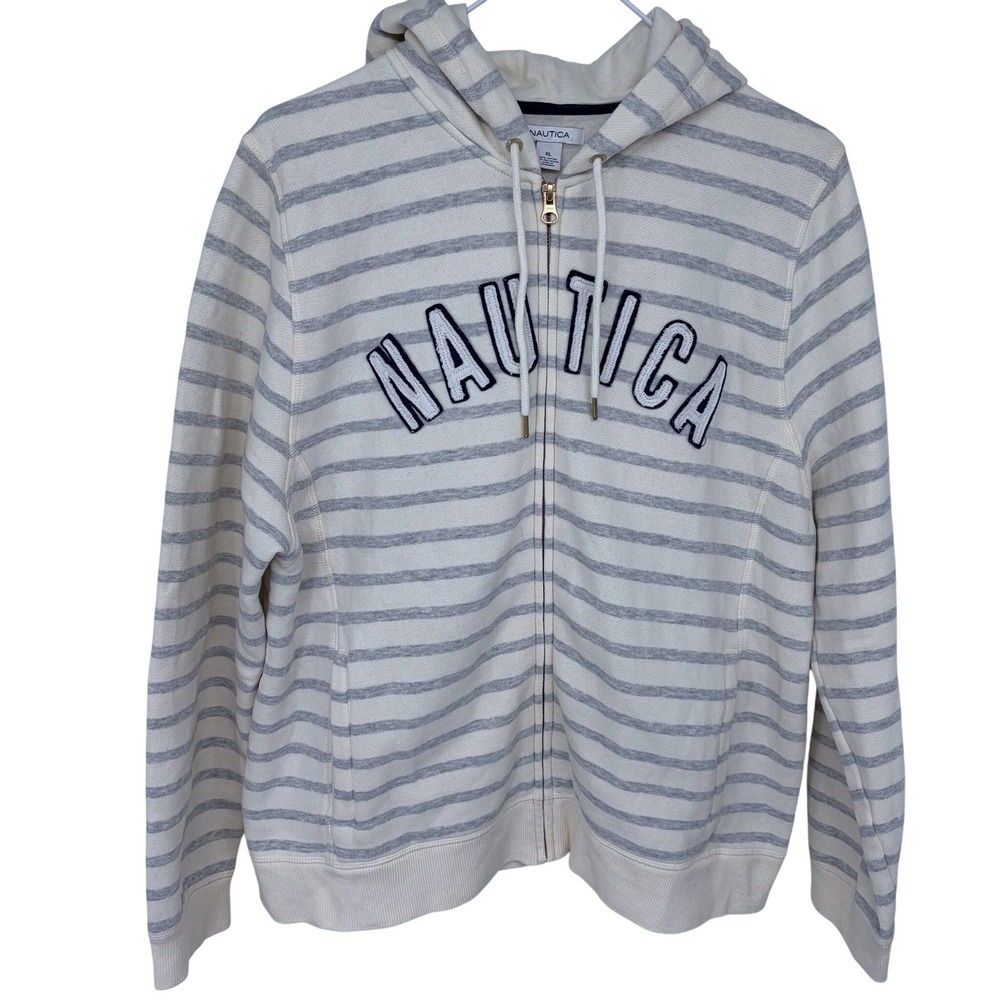 Y2K Nautica Striped Full Zip Hoodie‎ XL Women's Cream Gray Embroidered Spell Out